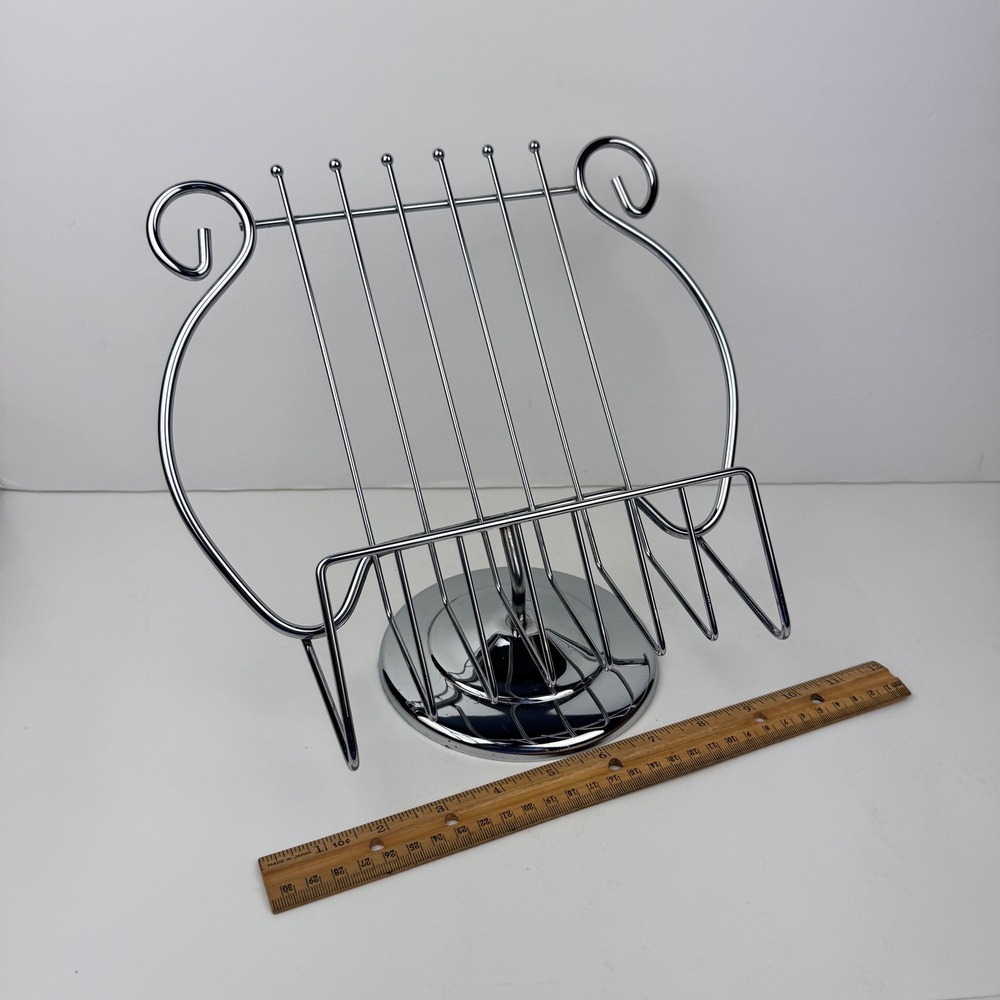 Vtg Lyre Harp Shape Tabletop Silver Chrome Metal Music Sheet Cookbook Stand Hold